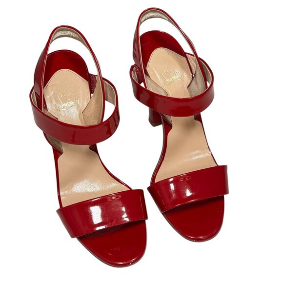 Christian Louboutin Red Patent Leather Ankle Strap Block Heel Sandals EU 38.5/8 - Picture 6 of 11